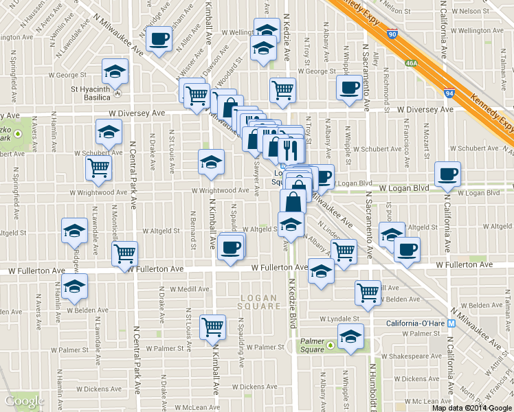 map of restaurants, bars, coffee shops, grocery stores, and more near 3261 West Wrightwood Avenue in Chicago