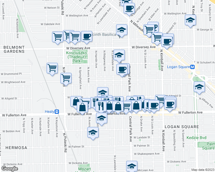 map of restaurants, bars, coffee shops, grocery stores, and more near 3709 West Wrightwood Avenue in Chicago