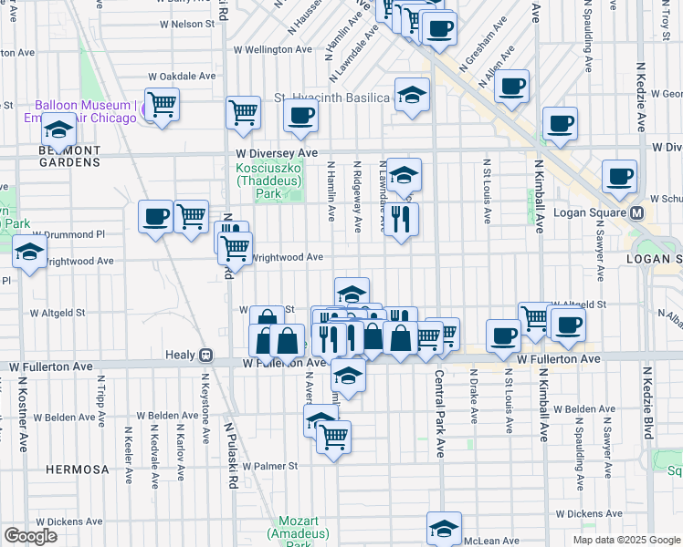 map of restaurants, bars, coffee shops, grocery stores, and more near 3749 West Wrightwood Avenue in Chicago