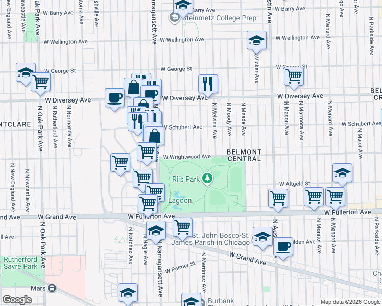 map of restaurants, bars, coffee shops, grocery stores, and more near 2619 North Mobile Avenue in Chicago