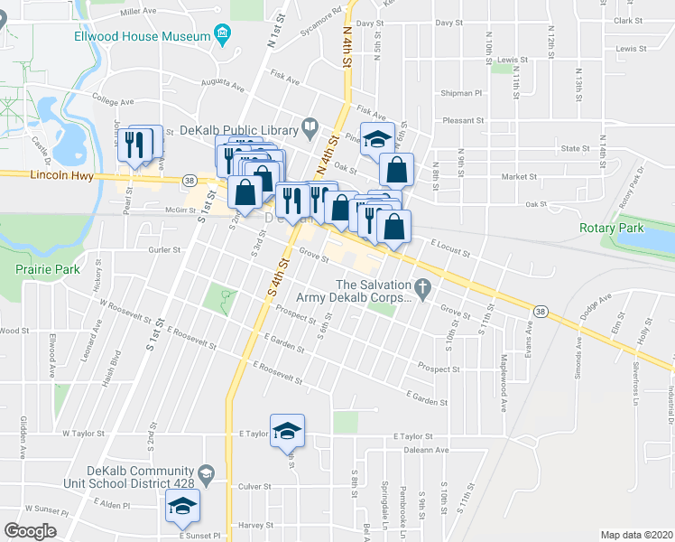 map of restaurants, bars, coffee shops, grocery stores, and more near 530 Grove Street in DeKalb