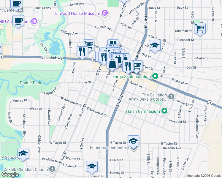 map of restaurants, bars, coffee shops, grocery stores, and more near 310 South 2nd Street in DeKalb