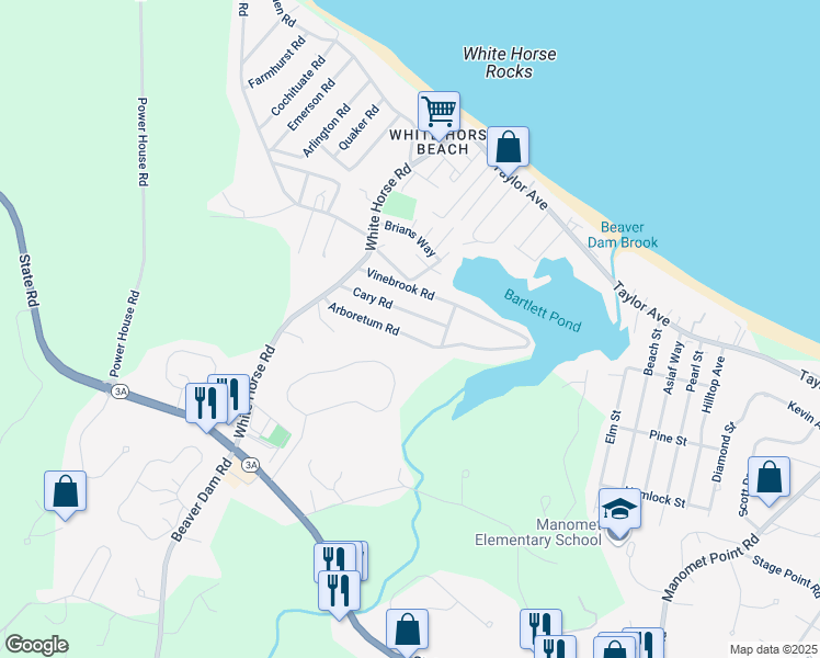map of restaurants, bars, coffee shops, grocery stores, and more near 35 Cary Road in Plymouth