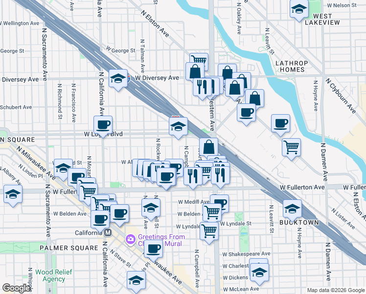 map of restaurants, bars, coffee shops, grocery stores, and more near 2518 North Campbell Avenue in Chicago