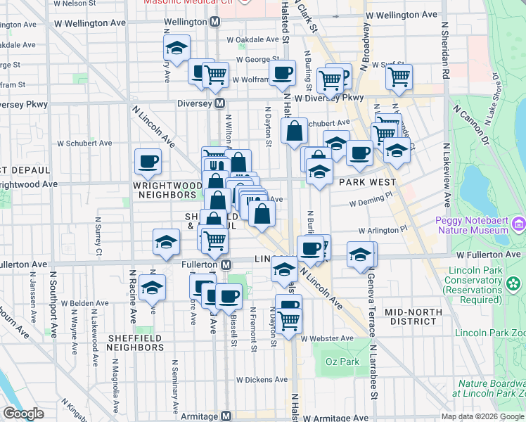 map of restaurants, bars, coffee shops, grocery stores, and more near 855 West Lill Avenue in Chicago