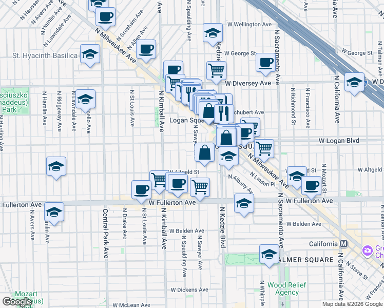 map of restaurants, bars, coffee shops, grocery stores, and more near 3261 West Wrightwood Avenue in Chicago