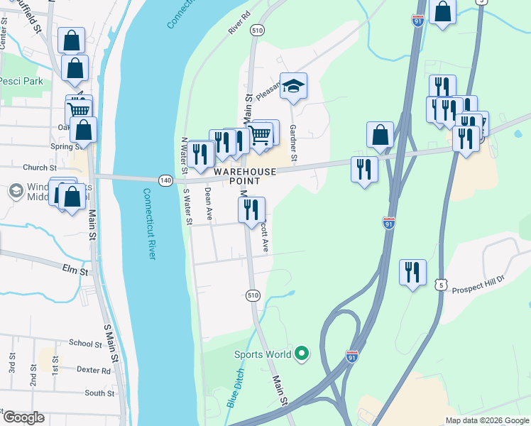 map of restaurants, bars, coffee shops, grocery stores, and more near 108 Main Street in East Windsor