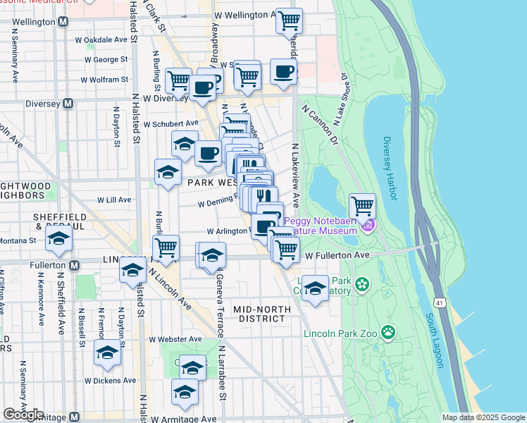 map of restaurants, bars, coffee shops, grocery stores, and more near 439 West Saint James Place in Chicago
