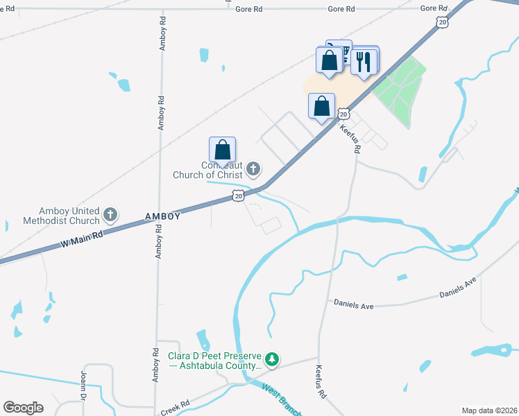 map of restaurants, bars, coffee shops, grocery stores, and more near 455 West Main Road in Conneaut