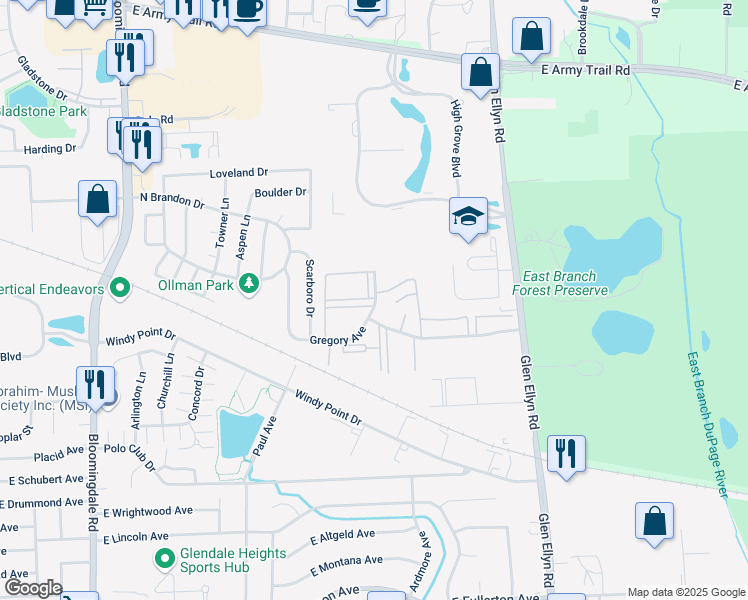 map of restaurants, bars, coffee shops, grocery stores, and more near 1894 Somerset Drive in Glendale Heights