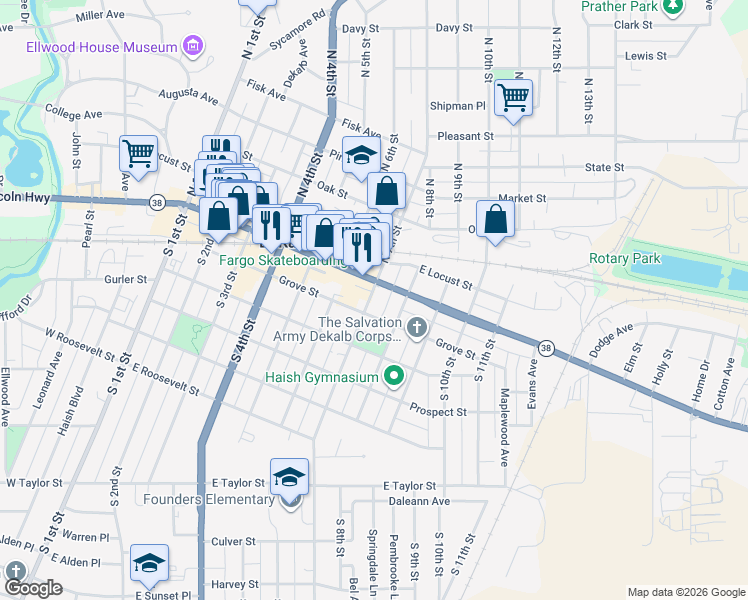 map of restaurants, bars, coffee shops, grocery stores, and more near 118 South 7th Street in DeKalb