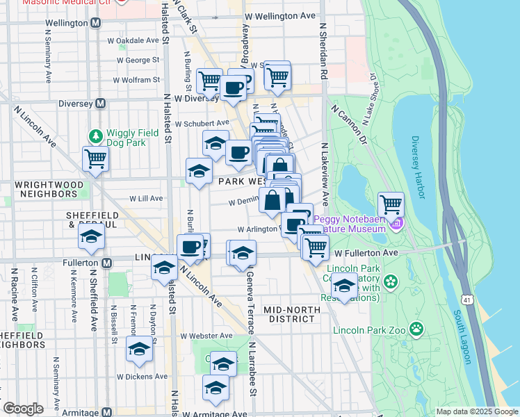 map of restaurants, bars, coffee shops, grocery stores, and more near 601 West Deming Place in Chicago