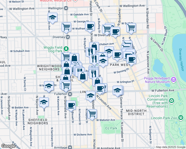 map of restaurants, bars, coffee shops, grocery stores, and more near 815 West Lill Avenue in Chicago