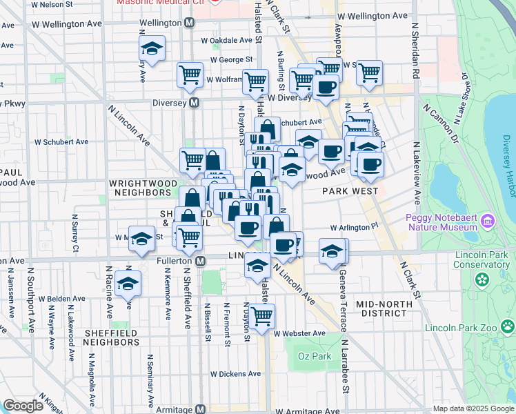 map of restaurants, bars, coffee shops, grocery stores, and more near 815 West Lill Avenue in Chicago
