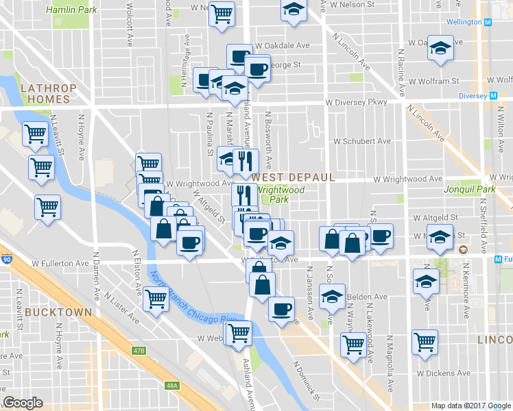 map of restaurants, bars, coffee shops, grocery stores, and more near 2533 North Ashland Avenue in Chicago