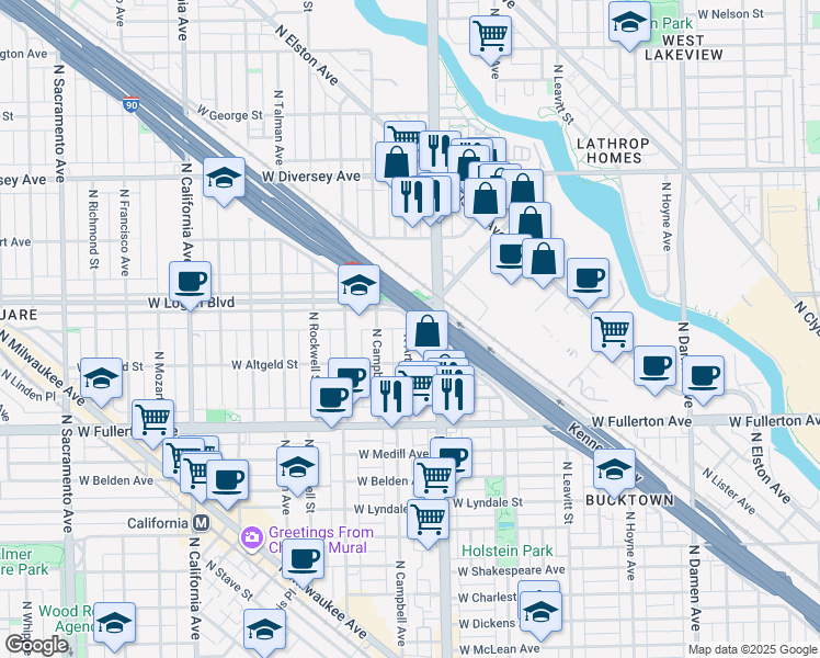 map of restaurants, bars, coffee shops, grocery stores, and more near 2529 West Logan Boulevard in Chicago