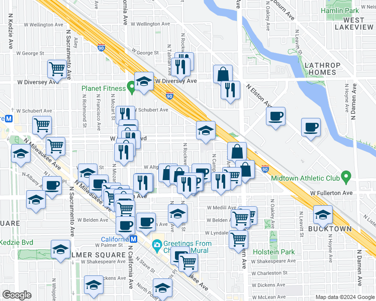 map of restaurants, bars, coffee shops, grocery stores, and more near 2603 West Logan Boulevard in Chicago