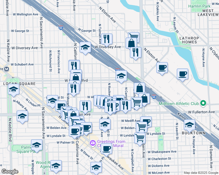map of restaurants, bars, coffee shops, grocery stores, and more near 2603 West Logan Boulevard in Chicago