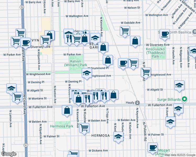map of restaurants, bars, coffee shops, grocery stores, and more near 4316 West Wrightwood Avenue in Chicago