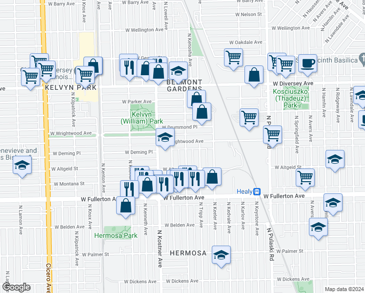 map of restaurants, bars, coffee shops, grocery stores, and more near 4316 West Wrightwood Avenue in Chicago