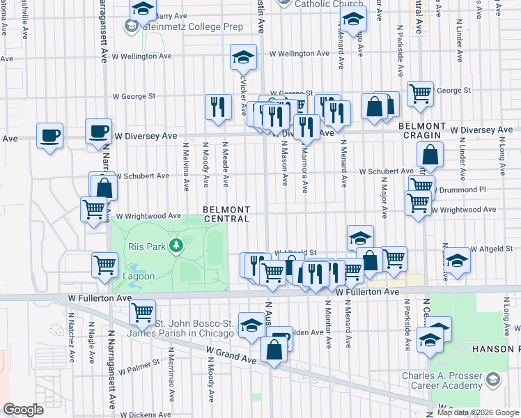 map of restaurants, bars, coffee shops, grocery stores, and more near 2615 North Austin Avenue in Chicago