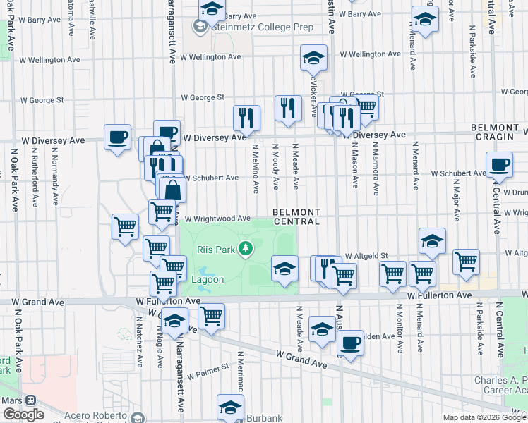 map of restaurants, bars, coffee shops, grocery stores, and more near 2614 North Moody Avenue in Chicago
