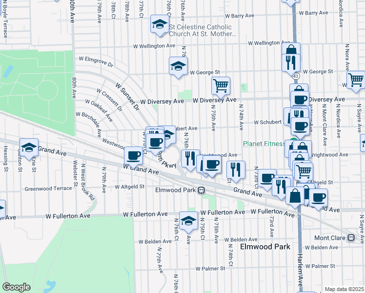 map of restaurants, bars, coffee shops, grocery stores, and more near 2625 North 76th Avenue in Elmwood Park
