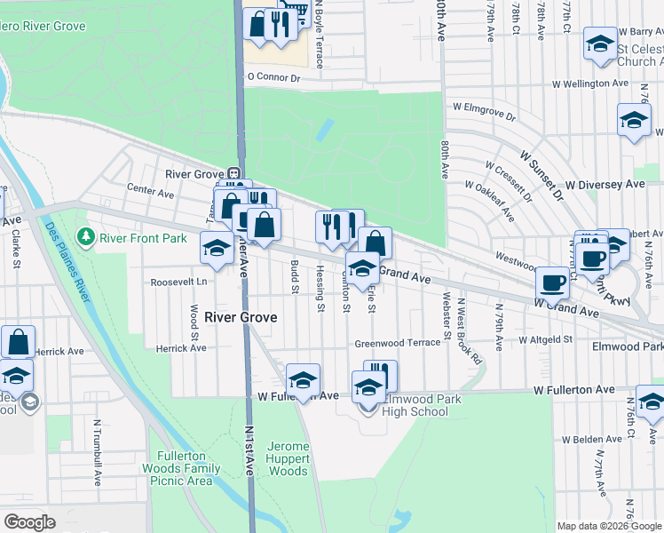 map of restaurants, bars, coffee shops, grocery stores, and more near in River Grove