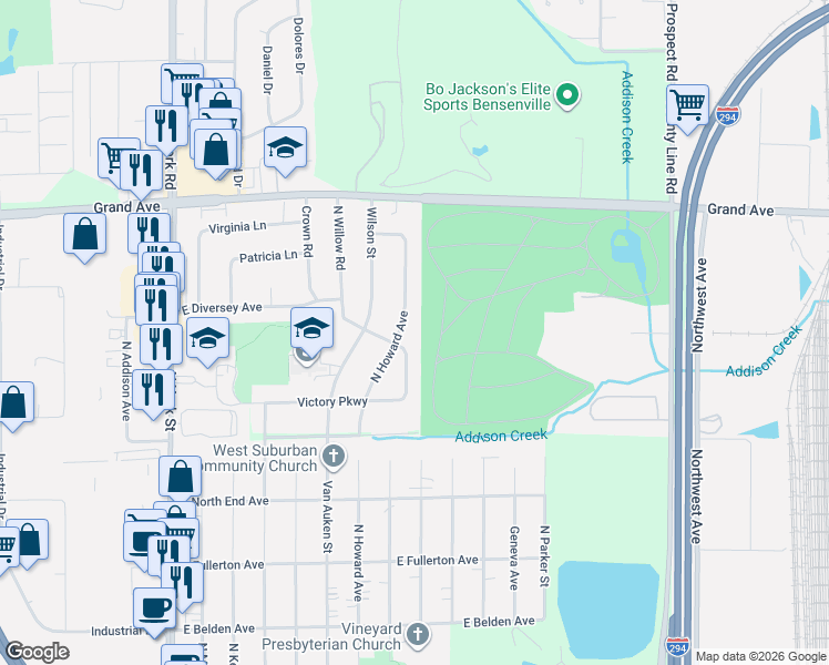 map of restaurants, bars, coffee shops, grocery stores, and more near 3N381 North Howard Avenue in Elmhurst