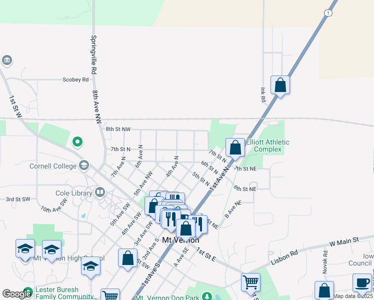 map of restaurants, bars, coffee shops, grocery stores, and more near 707 3rd Avenue North in Mount Vernon