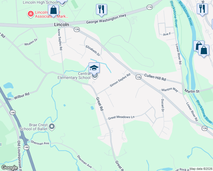 map of restaurants, bars, coffee shops, grocery stores, and more near 15 Simon Sayles Road in Lincoln