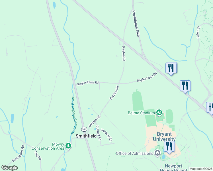 map of restaurants, bars, coffee shops, grocery stores, and more near 28 Rogler Farm Road in Smithfield