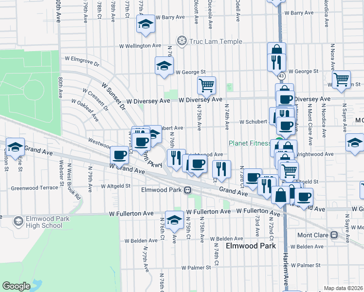 map of restaurants, bars, coffee shops, grocery stores, and more near 2625 North 76th Avenue in Elmwood Park