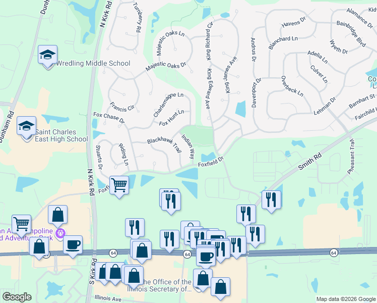 map of restaurants, bars, coffee shops, grocery stores, and more near 717 Indian Way in St. Charles