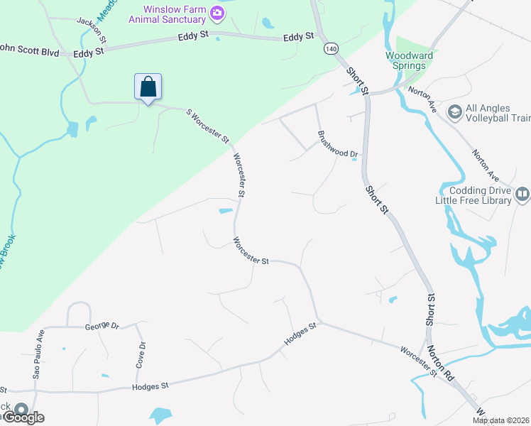 map of restaurants, bars, coffee shops, grocery stores, and more near 167 South Worcester Street in Taunton