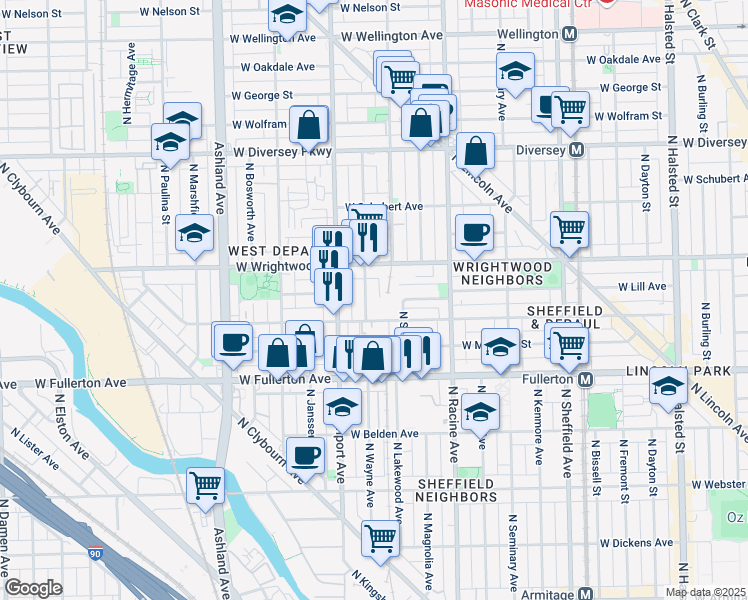map of restaurants, bars, coffee shops, grocery stores, and more near 1256 West Draper Street in Chicago