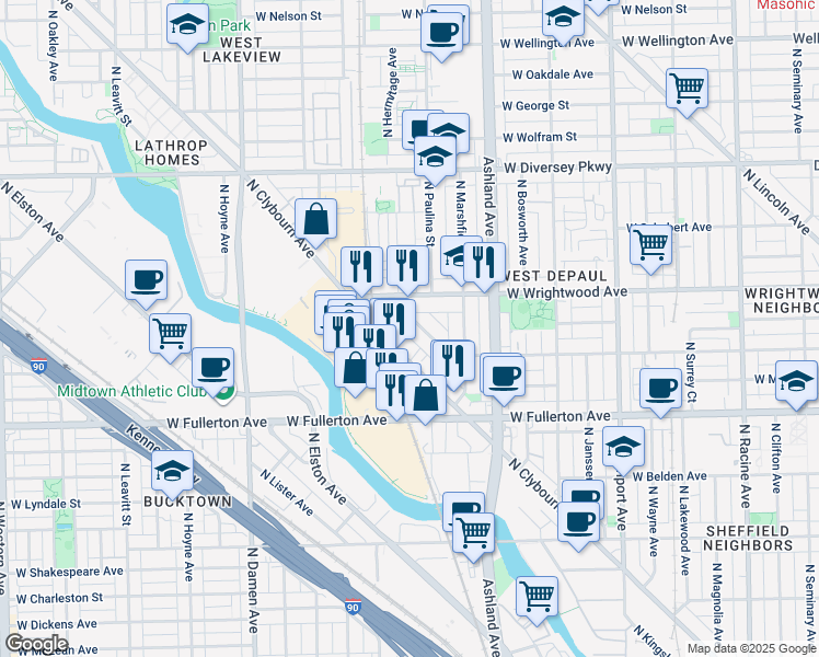 map of restaurants, bars, coffee shops, grocery stores, and more near 1701 West Terra Cotta Place in Chicago
