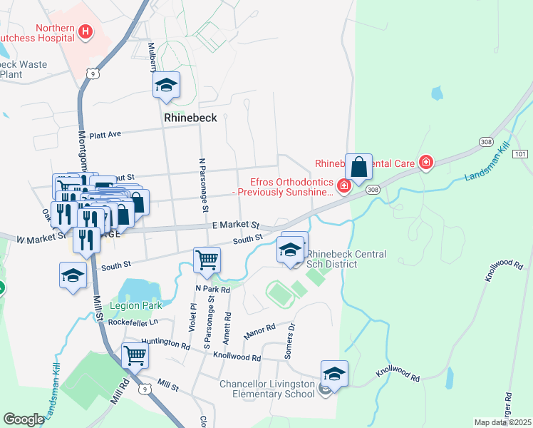 map of restaurants, bars, coffee shops, grocery stores, and more near 141 East Market Street in Rhinebeck