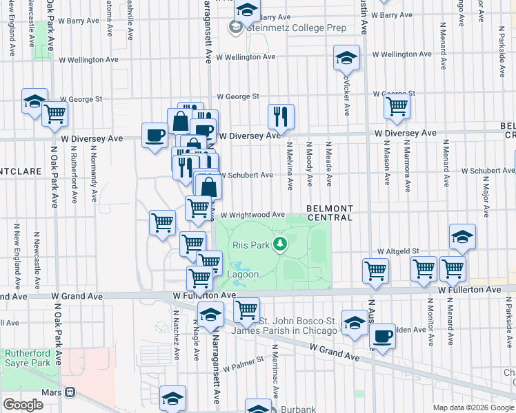 map of restaurants, bars, coffee shops, grocery stores, and more near 2617 North Mobile Avenue in Chicago