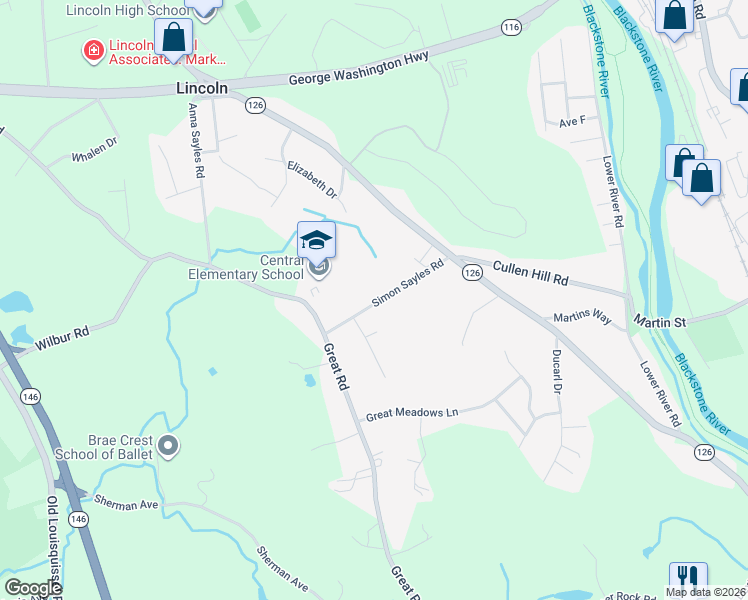 map of restaurants, bars, coffee shops, grocery stores, and more near 15 Simon Sayles Road in Lincoln
