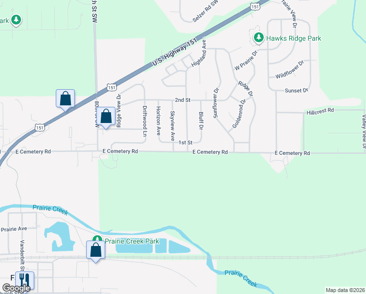 map of restaurants, bars, coffee shops, grocery stores, and more near 715 1st St in Cedar Rapids