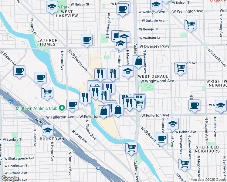map of restaurants, bars, coffee shops, grocery stores, and more near 1701 West Terra Cotta Place in Chicago