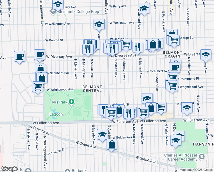 map of restaurants, bars, coffee shops, grocery stores, and more near 2606 North Austin Avenue in Chicago