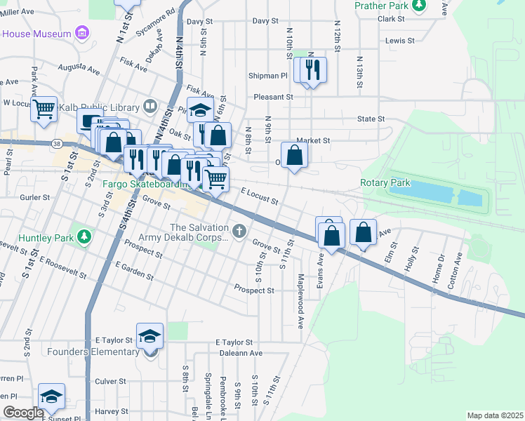 map of restaurants, bars, coffee shops, grocery stores, and more near 116 North 9th Street in DeKalb