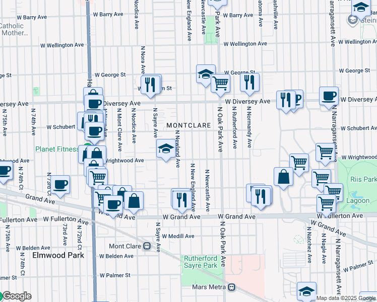 map of restaurants, bars, coffee shops, grocery stores, and more near 2624 North New England Avenue in Chicago