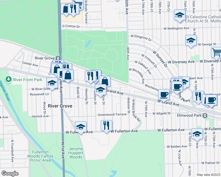 map of restaurants, bars, coffee shops, grocery stores, and more near 2641 Davisson Street in River Grove