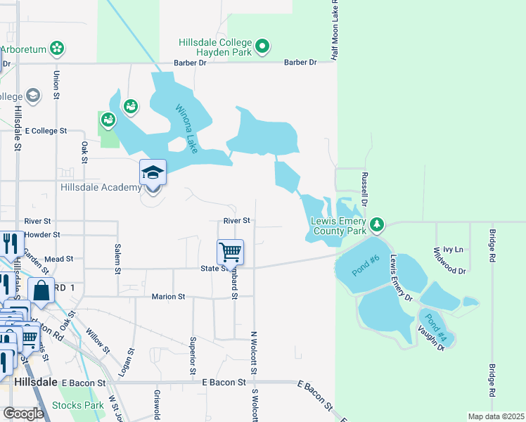 map of restaurants, bars, coffee shops, grocery stores, and more near 402 North Wolcott Street in Hillsdale