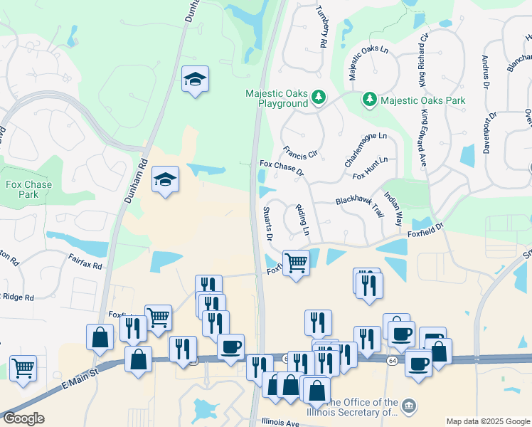 map of restaurants, bars, coffee shops, grocery stores, and more near 819 Stuarts Drive in Saint Charles