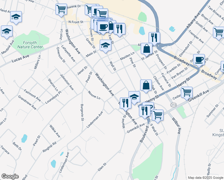 map of restaurants, bars, coffee shops, grocery stores, and more near 28 Warren Street in Kingston