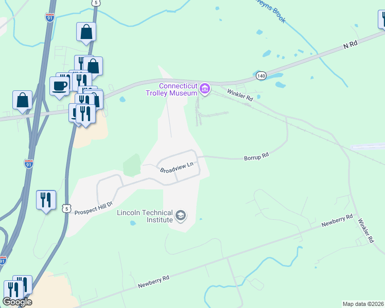 map of restaurants, bars, coffee shops, grocery stores, and more near 85 Prospect Hill Drive in East Windsor